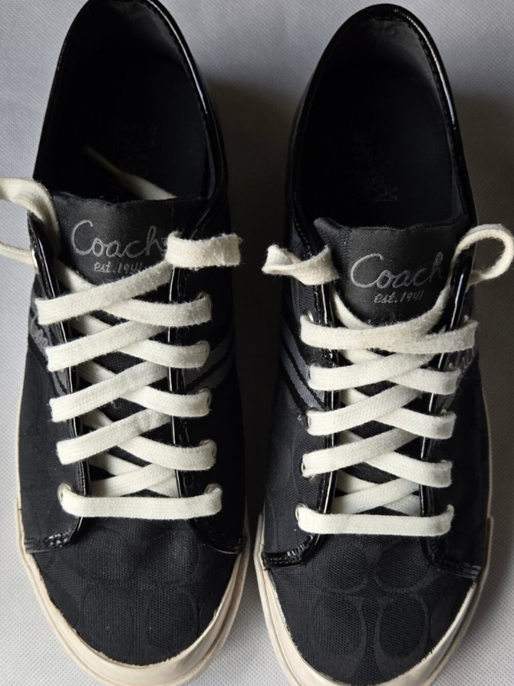 Coach Signature Canvas Patent Leather Sneakers Black White Women's 9.5
